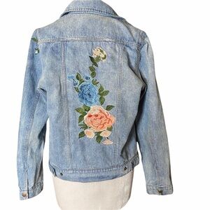 Olivaceous Floral EmbroideredDenim Jacket. Size M